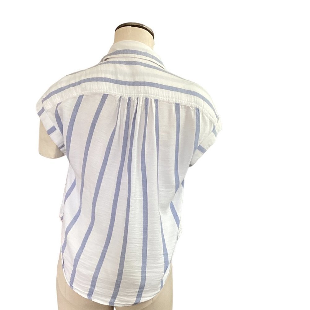 Japna Short Sleeve Button-Up Striped Shirt Cotton Rayon Sz S Blue & White 72L - Picture 5 of 7